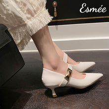 Load image into Gallery viewer, Beige-Leather-High-Heel-Maryjanes-with-Metal-Buckle-Design-model-shots
