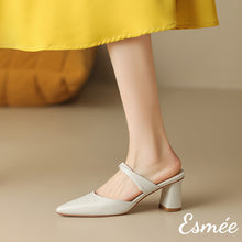 Load image into Gallery viewer, Beige-Leather-High-Heel-Mules-with-Leather-Straps-model-shots