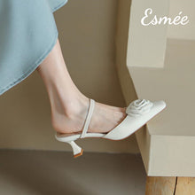 Load image into Gallery viewer, Beige-Leather-High-Heel-Mules-with-Rosebud-Design-model-shots