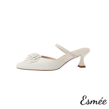 Load image into Gallery viewer, Beige-Leather-High-Heel-Mules-with-Rosebud-Design-product-shots-white-background