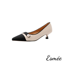 將圖片載入圖庫檢視器 Beige-Leather-High-Heels-with-Pearl-Design-and-Black-Toe-Cap-product-shots-white-background