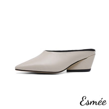 Load image into Gallery viewer, Beige-Leather-Mules-with-Chunk-Heels-product-shots-white-background