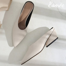 Load image into Gallery viewer, Beige-Leather-Mules-with-Chunk-Heels-product-shots