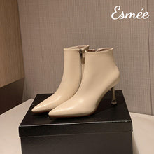 Load image into Gallery viewer, Beige-Leather-Pointed-Toe-Ankle-Boots-with-Stiletto-Heels-product-shots