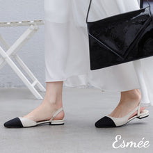 將圖片載入圖庫檢視器 Beige-Leather-Slingback-Flat-Mules-with-black-almond-toe-cap-Model-shots