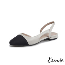 將圖片載入圖庫檢視器 Beige-Leather-Slingback-Flat-Mules-with-black-almond-toe-cap-product-shots-white-background