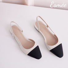 將圖片載入圖庫檢視器 Beige-Leather-Slingback-Flat-Mules-with-black-almond-toe-cap-product-shots