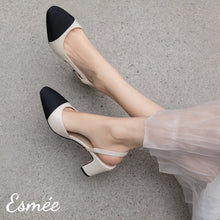 將圖片載入圖庫檢視器 Beige-Leather-Slingback-High-Heels-Mules-with-black-almond-toe-cap-model-shots