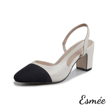 將圖片載入圖庫檢視器 Beige-Leather-Slingback-High-Heels-Mules-with-black-almond-toe-cap-product-shots-white-background