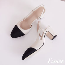 將圖片載入圖庫檢視器 Beige-Leather-Slingback-High-Heels-Mules-with-black-almond-toe-cap-product-shots