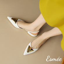 Load image into Gallery viewer, Beige-Leather-Slingback-with-Triangular-Metal-Buckle-model-shots