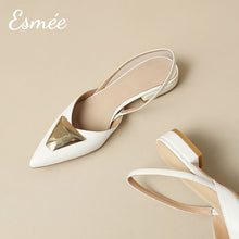 Load image into Gallery viewer, Beige-Leather-Slingback-with-Triangular-Metal-Buckle-product-shots