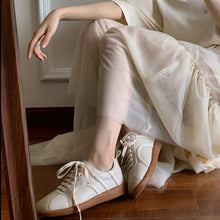 Load image into Gallery viewer, Beige-Leather-Sneakers-with-Suede-Toe-Cap-model-shots