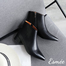 Load image into Gallery viewer, Black-Leather-Ankle-Boot-with-Pointed-Toe-Design-product-shots