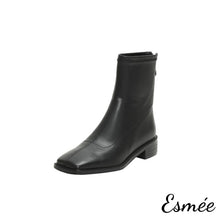 Load image into Gallery viewer, Black-Leather-Ankle-Boots-with-Square-Toe-Design-product-shots-white-background