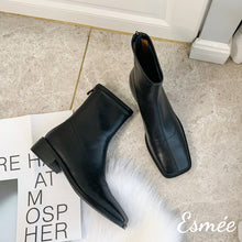 Load image into Gallery viewer, Black-Leather-Ankle-Boots-with-Square-Toe-Design-product-shots