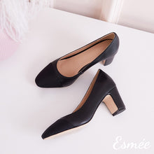 Load image into Gallery viewer, Black-Leather-Block-Heels-with-Black-Almond-toe-product-shots