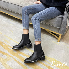 Load image into Gallery viewer, Black-Leather-Chelsea-Boots-with-Mini-Pearl-Deisgn-model-shot