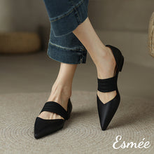 Load image into Gallery viewer, Black-Leather-D-Orsay-Shoes-with-Thick-Ribbon-Straps-model-shots