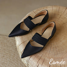 Load image into Gallery viewer, Black-Leather-D-Orsay-Shoes-with-Thick-Ribbon-Straps-product-shots