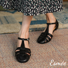 Load image into Gallery viewer, Black-Leather-Flat-Roman-Sandals-model-shots