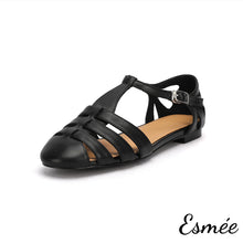 Load image into Gallery viewer, Black-Leather-Flat-Roman-Sandals-product-shots-white-background
