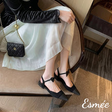 Load image into Gallery viewer, Black-Leather-Flat-Sandals-with-Bow-Knot-Ankle-Straps-model-shots