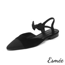 Load image into Gallery viewer, Black-Leather-Flat-Sandals-with-Bow-Knot-Ankle-Straps-product-shots-white-background