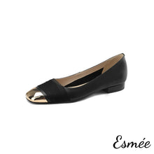 Load image into Gallery viewer, Black-Leather-Flats-with-Gauze-Design-and-Golden-Toe-Cap-product-shots-white-background