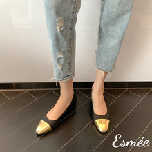 Load image into Gallery viewer, Black-Leather-Flats-with-Golden-Toe-Cap-model-shots