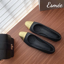 Load image into Gallery viewer, Black-Leather-Flats-with-Golden-Toe-Cap-product-shots