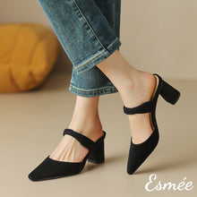 Load image into Gallery viewer, Black-Leather-High-Heel-Mules-with-Leather-Straps-model-shots