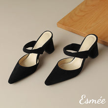 Load image into Gallery viewer, Black-Leather-High-Heel-Mules-with-Leather-Straps-product-shots