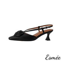 將圖片載入圖庫檢視器 Black-Leather-High-Heel-Slingback-with-Rosebud-Design-product-shots-white-background