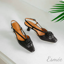 將圖片載入圖庫檢視器 Black-Leather-High-Heel-Slingback-with-Rosebud-Design-product-shots
