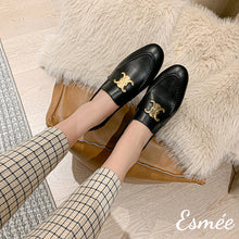 將圖片載入圖庫檢視器 Black-Leather-Loafers-with-X-Metal-Buckle-model-shots