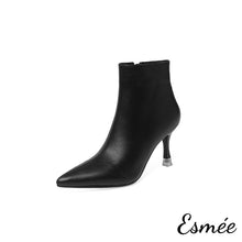 Load image into Gallery viewer, Black-Leather-Pointed-Toe-Ankle-Boots-with-Stiletto-Heels-product-shots-white-background
