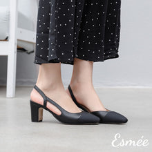 將圖片載入圖庫檢視器 Black-Leather-Slingback-High-Heels-Mules-with-black-almond-toe-cap-model-shots