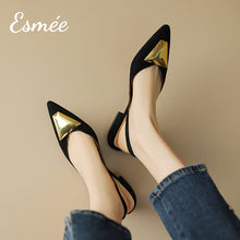Load image into Gallery viewer, Black-Leather-Slingback-with-Triangular-Metal-Buckle-model-shots