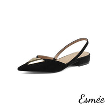 Load image into Gallery viewer, Black-Leather-Slingback-with-Triangular-Metal-Buckle-product-shots-white-background