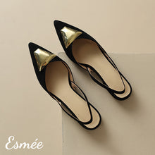 Load image into Gallery viewer, Black-Leather-Slingback-with-Triangular-Metal-Buckle-product-shots