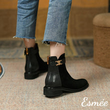 將圖片載入圖庫檢視器 Black-Leather-Suede-Ankle-Boots-with-Metal-Buckle-Straps-model-shots-1