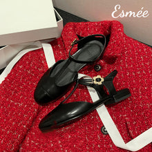 Load image into Gallery viewer, Black-Leather-T-Straps-Sandals-with-Flower-Buckle-Product-shots