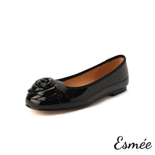 Load image into Gallery viewer, Black-Patent-Leather-Flats-with-Rosebud-Design-product-shots-white-background