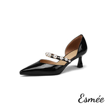 將圖片載入圖庫檢視器 Black-Patent-Leather-High-Heels-with-Pearl-Design-Straps-product-shots-white-background