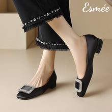 Load image into Gallery viewer, Black-Silk-Heels-with-Diamond-Buckle-model-shots