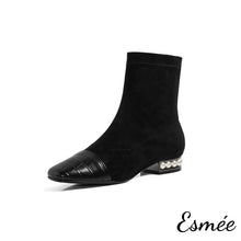 將圖片載入圖庫檢視器 Black-Suede-Ankle-Boots-with-Pearl-Heels-and-Alligator-Toe-Cap-product-shots-white-background