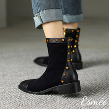 將圖片載入圖庫檢視器 Black-Suede-Ankle-Boots-with-Rockstud-and-Leather-Toe-Cap-Design-model-shots-1