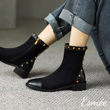 將圖片載入圖庫檢視器 Black-Suede-Ankle-Boots-with-Rockstud-and-Leather-Toe-Cap-Design-model-shots