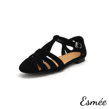 Load image into Gallery viewer, Black-Suede-Flat-Roman-Sandals-product-shots-white-background